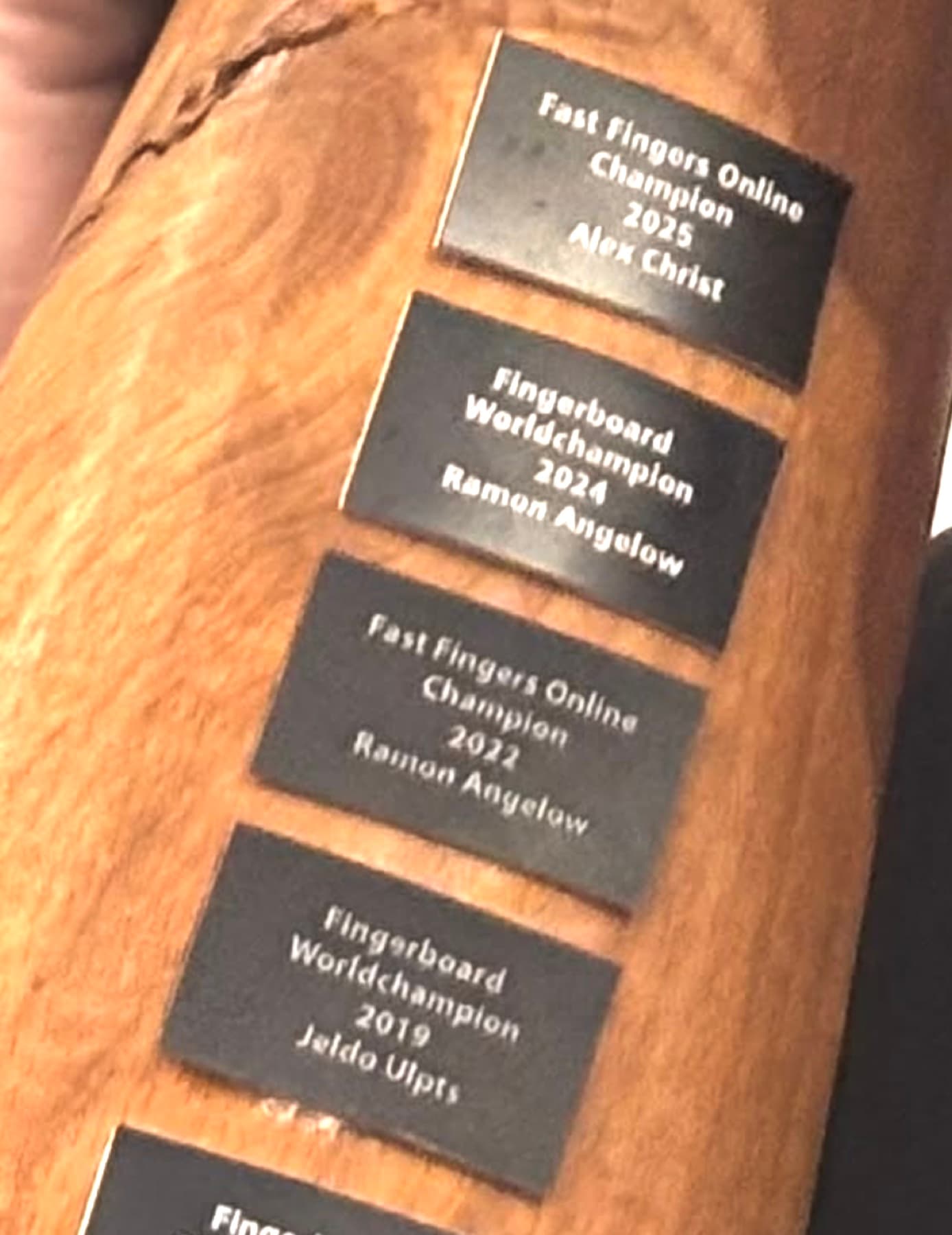 Fast Fingers trophy plaque detail used as 2020 gap-note context.