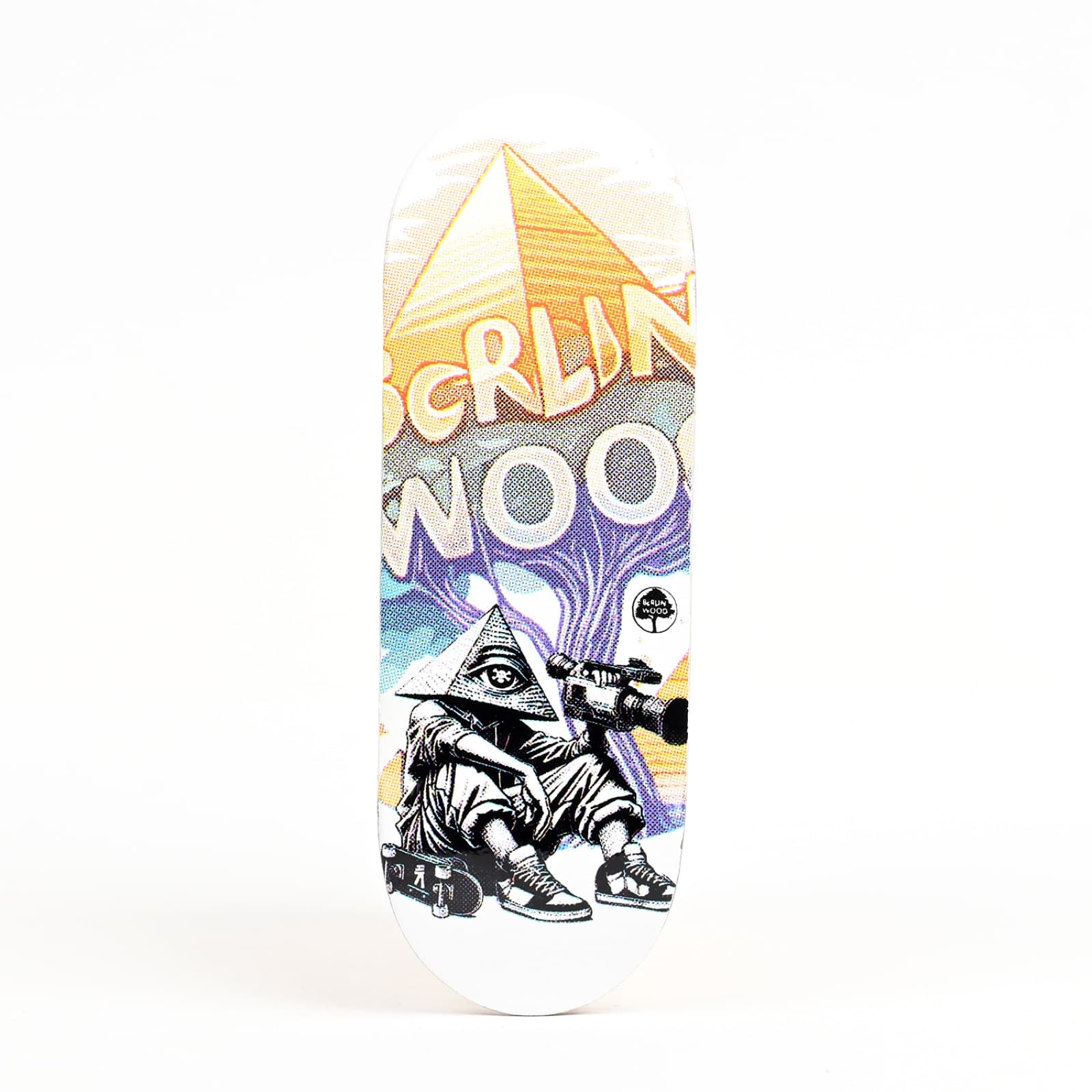 A Berlinwood pro-model wooden fingerboard deck photographed upright in a studio.