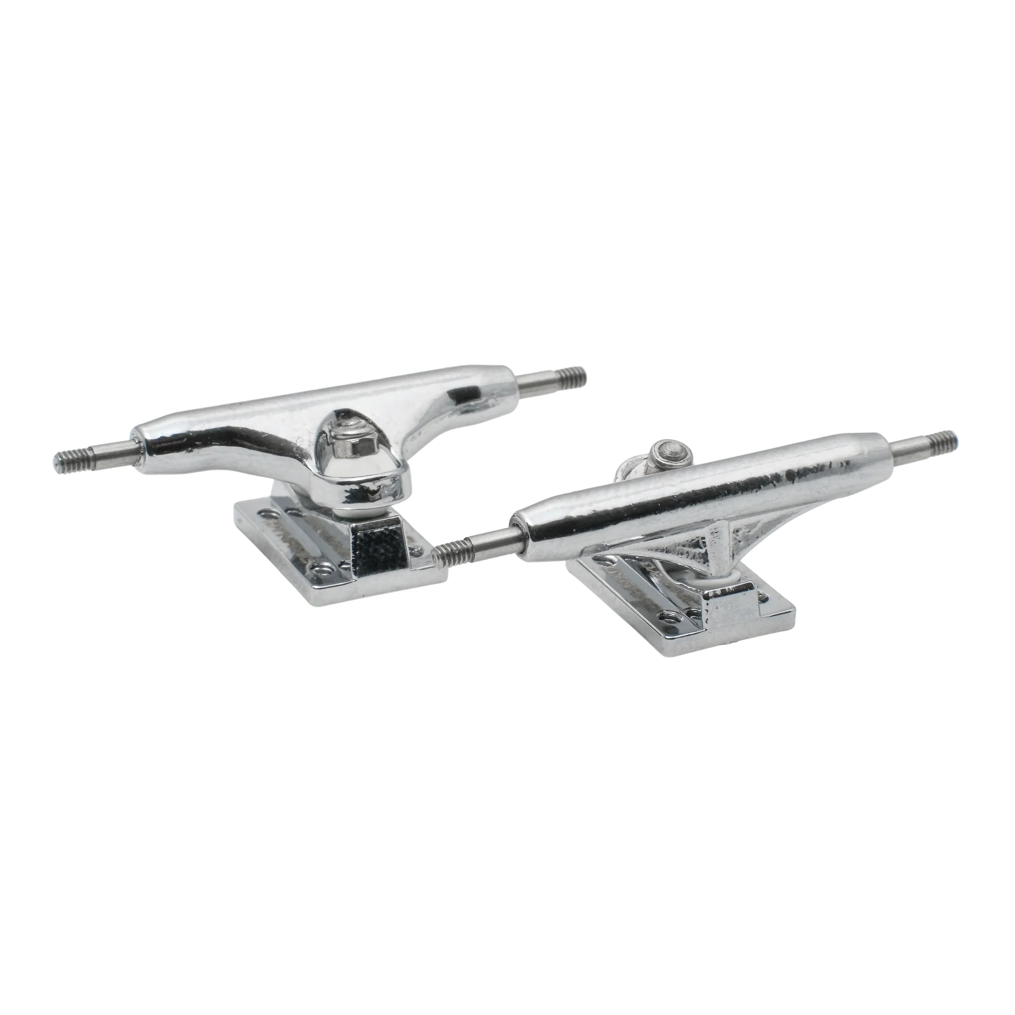 A pair of chrome Dynamic dual-bearing fingerboard trucks with long threaded axles.