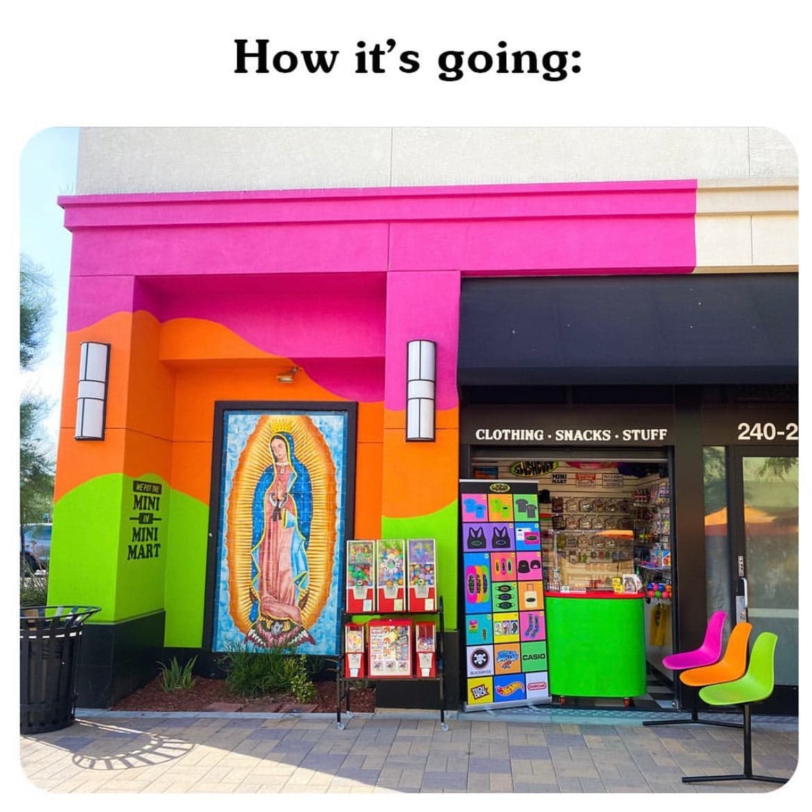 The Slushcult Mini Mart storefront painted pink, orange, and green, with vending machines out front.