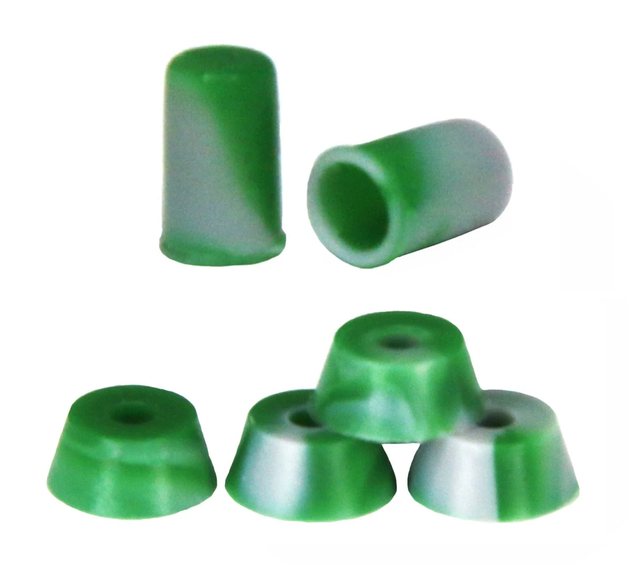 Green swirl fingerboard bushings and pivot cups arranged on a white background.
