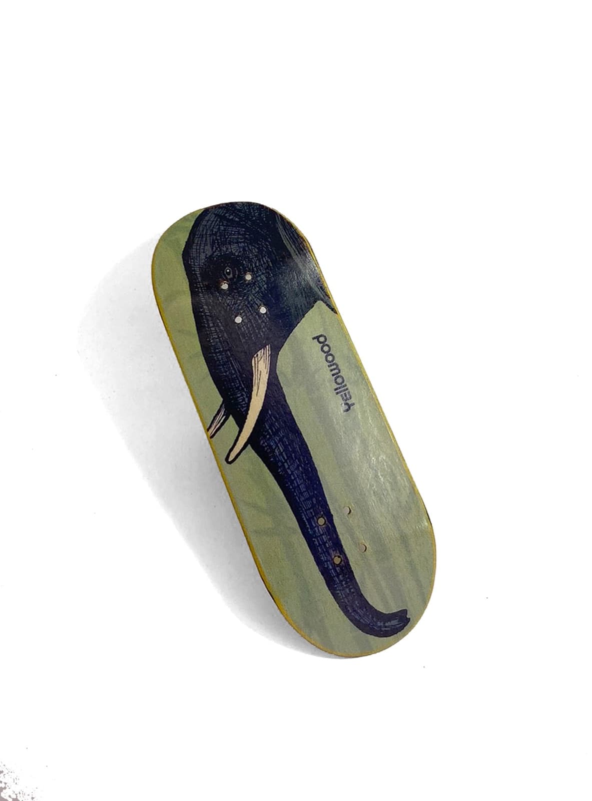 A Yellowood wooden fingerboard deck with a hand-drawn elephant graphic.