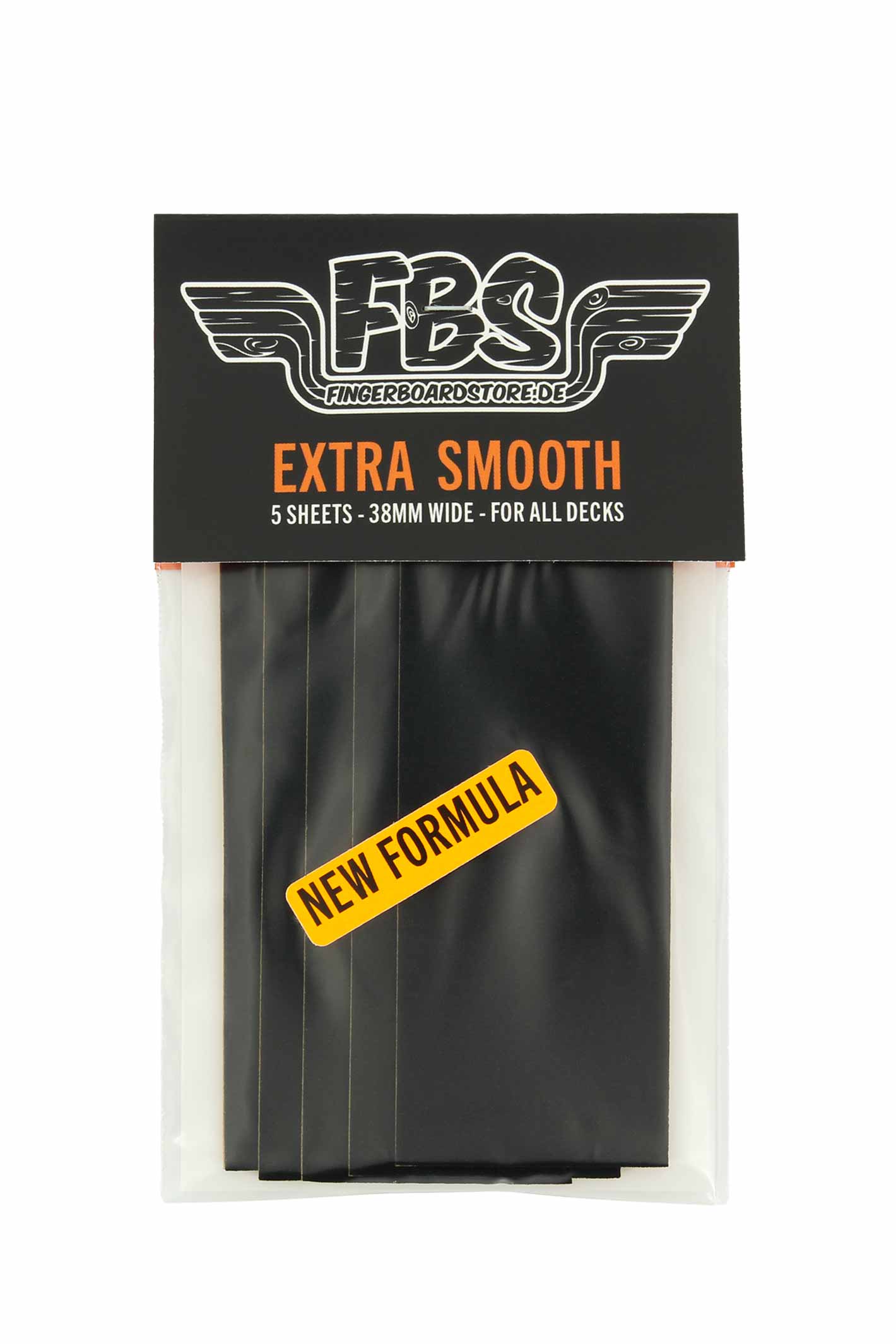 A retail packet containing five black sheets, labeled “FBS,” “Extra Smooth,” and “New Formula.”